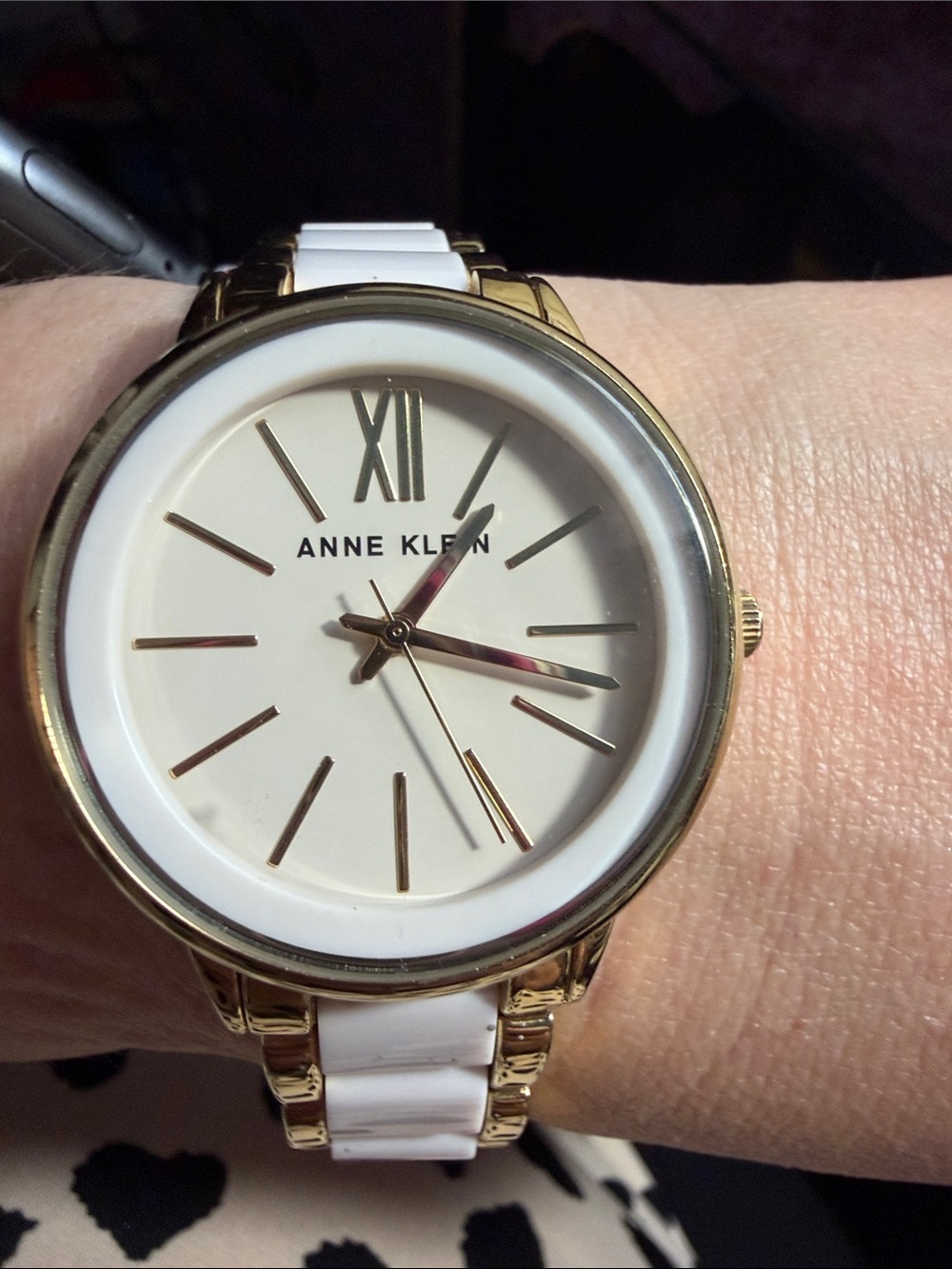 Anne Klein Gold and White Ceramic-Link Round Watch